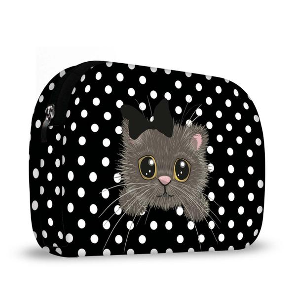 Imagem de Bolsa Lancheira Térmica Feminina Neoprene Kit Com Necessaire Frasqueira Gatinho Poá