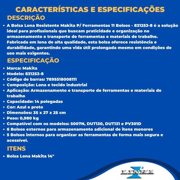 Bolsa Lona 14" Resistente Makita P/ Ferramentas 11 Bolsos - 831253-8 Imagem de Bolsa Lona 14" Resistente Makita P/ Ferramentas 11 Bolsos - 831253-8