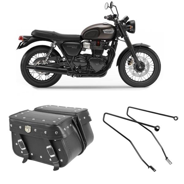 Imagem de Bolsa Moto Custom Alforge Mala Lateral Cravo 36 Litros + Afastador Suporte Triumph Bonneville T100