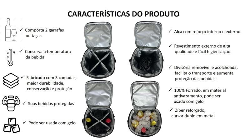 Imagem de Bolsa Para Bebidas Cooler Térmica Porta 4 Garrafas E Taças De Vinho Anti Vazamentos - BAG4 - Preto