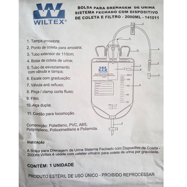 Imagem de Bolsa Para Coleta De Urina Drena E Filtra Com Alça Dupla Para Gancho - 2000ml