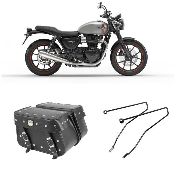 Imagem de Bolsa Para Moto Custom Alforge Lateral Cravo 36 Litros Par + Afastador  Triumph Bonneville T120