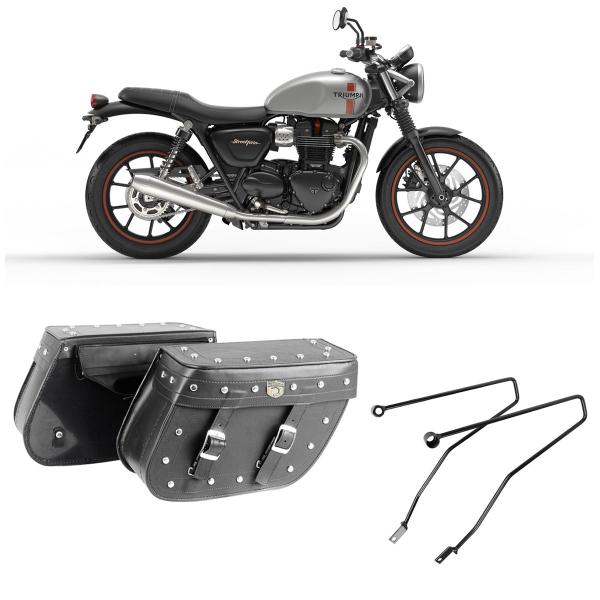 Imagem de Bolsa Para Moto Custom Alforge Lateral Losango 64 Litros Cravos + Afastador Triumph Bonneville T120 Par