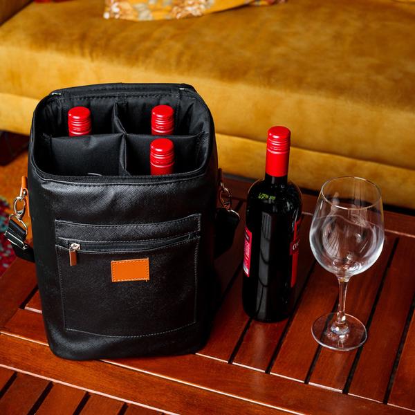 Imagem de Bolsa Porta Vinho / Bebidas Térmica Para 4 Garrafas Tira colo Reforçada - PRETO LISO - PV4