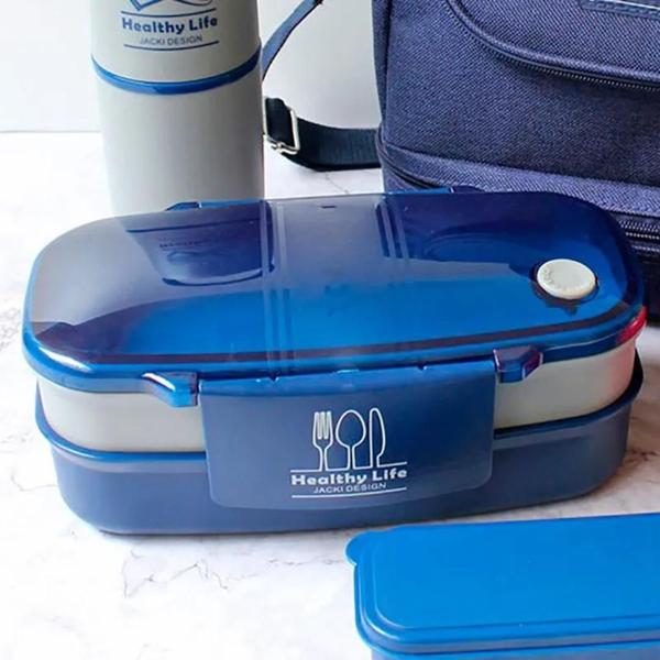 Imagem de Bolsa Portátil Com Isolamento Térmico Fitness Azul Lisa Com 2 Compartimentos Mais Marmita