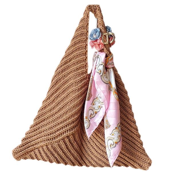 Imagem de Bolsa Sacola Crochê Triangular + Lenço Cetim + Presilha Cabelo Chique: Moda Praia Verão