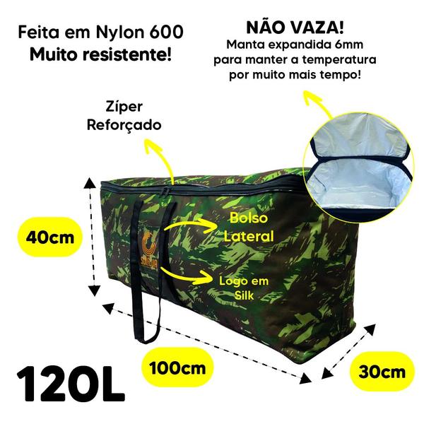 Imagem de Bolsa Térmica 120 Litros Não Vaza Preta ou Camuflada para Cerveja Pesca