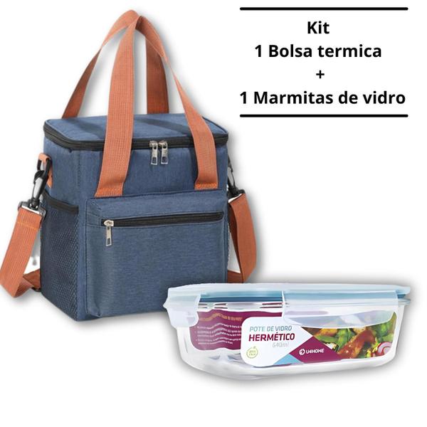 Imagem de Bolsa Termica 3 Compartimentos Azul com Alça Resistente e 1 Marmitas de Vidro 640ml