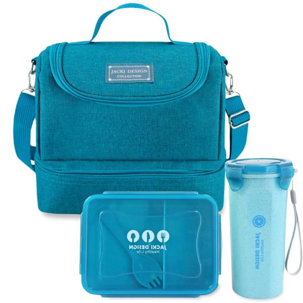 Imagem de Bolsa Térmica Lancheira Necessaire Alça Ombro Kit Marmita e Copo Box  Fitness Escola Trabalho Azul