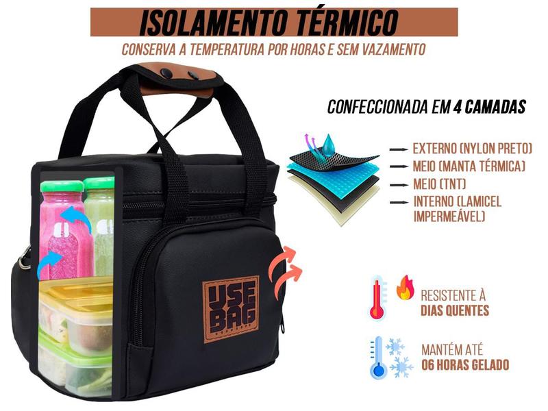 Imagem de Bolsa Térmica Marmita Fitness Fit Lancheira Black Luxo Couro