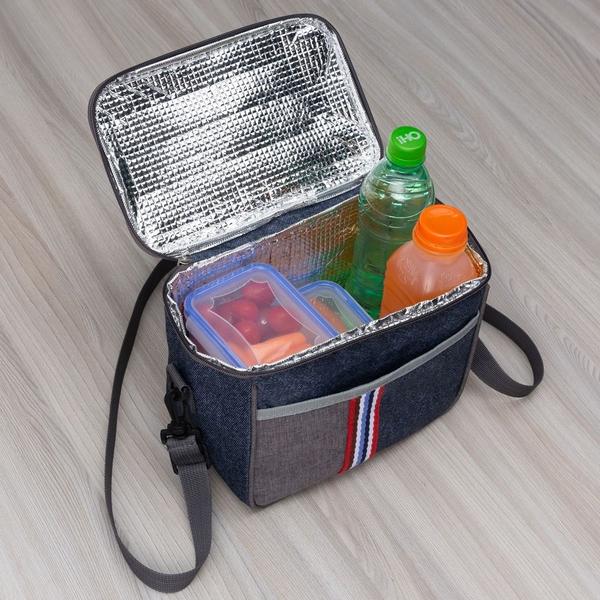 Imagem de Bolsa Térmica Para Marmita Unissex 7,3 Litros Estilo Jeans Com Listras Lancheira Bag Fitness Dieta