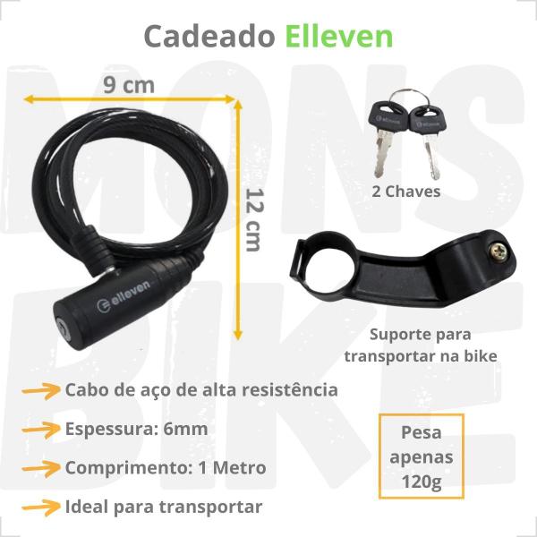 Imagem de Bomba De Ar Encher Pneu Bike + Cadeado Aço 1m X 6mm Elleven Com Chave e Suporte Quadro