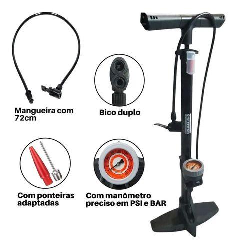 Imagem de Bomba De Ar Manual Calibrador Com Manômetro Válvula Presta Para Carro Moto Bike Bola