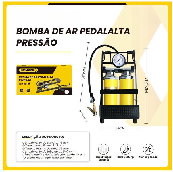 Imagem de Bomba De Ar Pedal Alta Pressão Com Tanque Duplo Para Bola Bike Carro