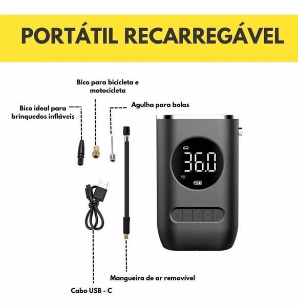 Imagem de Bomba de Ar Portátil para Calibrar Pneus - Cor Preto e Carregamento USB para Facilidade de Uso