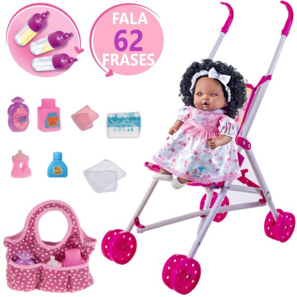 Boneca Angelina Negra 45cm 62 Falas + Carrinho + Bolsa Rosa - Milk Brinquedo Imagem de Boneca Angelina Negra 45cm 62 Falas + Carrinho + Bolsa Rosa