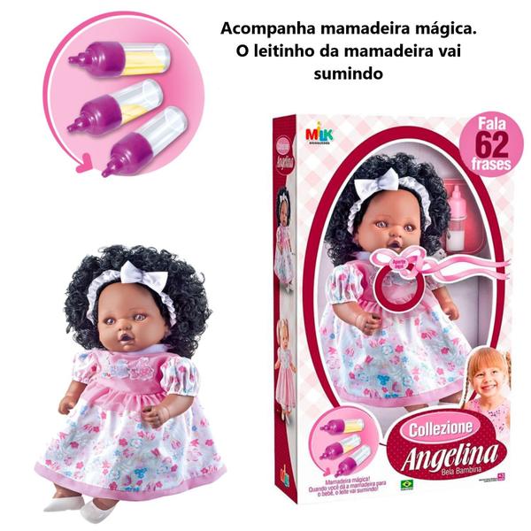 Boneca Angelina Negra 45cm 62 Falas + Carrinho + Bolsa Rosa - Milk Brinquedo Imagem de Boneca Angelina Negra 45cm 62 Falas + Carrinho + Bolsa Rosa