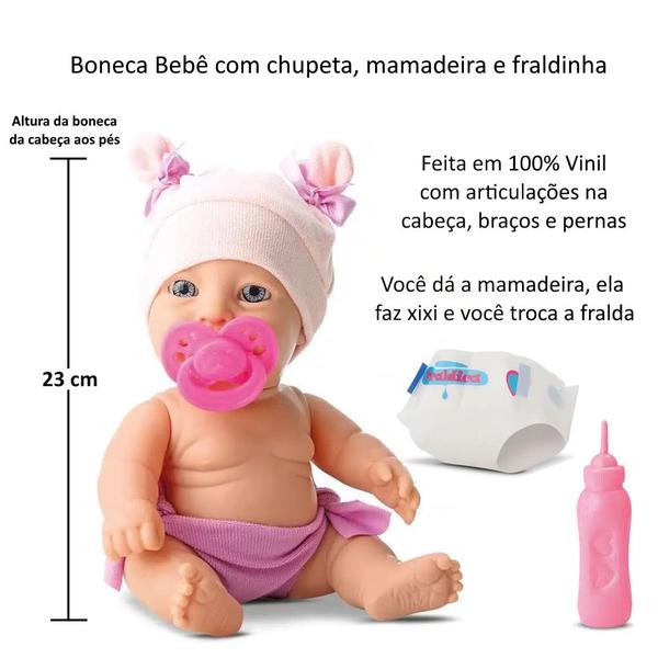 Imagem de Boneca Articulada Baby Xixi com Chupeta Mamadeira e Fralda