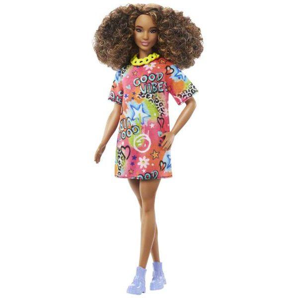 Imagem de Boneca Articulada Barbie Fashionistas 201 Vestido Good Vibes Colorido Morena - Mattel - HPF77