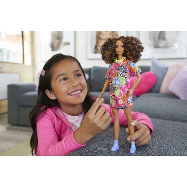 Imagem de Boneca Articulada Barbie Fashionistas 201 Vestido Good Vibes Colorido Morena - Mattel - HPF77