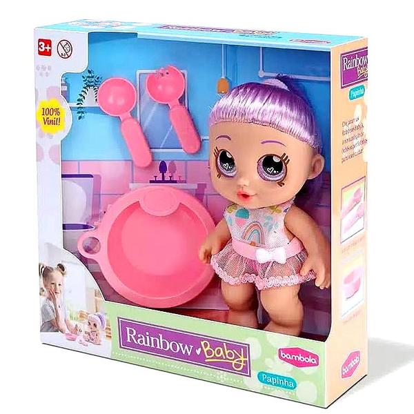 Imagem de Boneca Baby Papinha Articulada com Acessórios Rainbow Olhão Verde Roxo Bambola