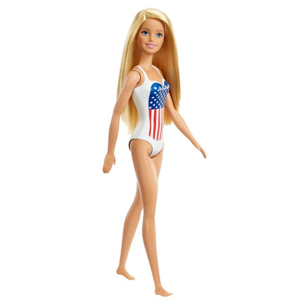 Imagem de Boneca Barbie Beach Blonde com roupa de banho com bandeira americana para crianças