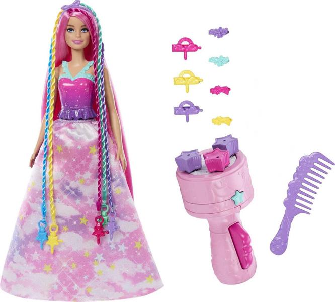 Imagem de Boneca Barbie com cabelo de fantasia e styling de trança e twist