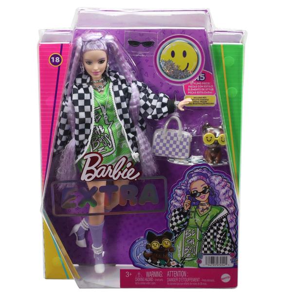 Imagem de Boneca Barbie Extra, cabelo lavanda ondulado, jaqueta quadriculada, cachorrinho de estimação