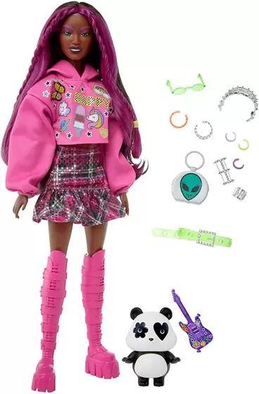 Imagem de Boneca Barbie Extra Pop Punl Negra Cabelo Rosa Com Panda