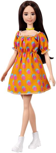 Imagem de Boneca Barbie Fashionistas 160 com morena cabelo polka dot off-the-shoulder vestido, brinquedo para crianças de 3 a 8 anos de idade