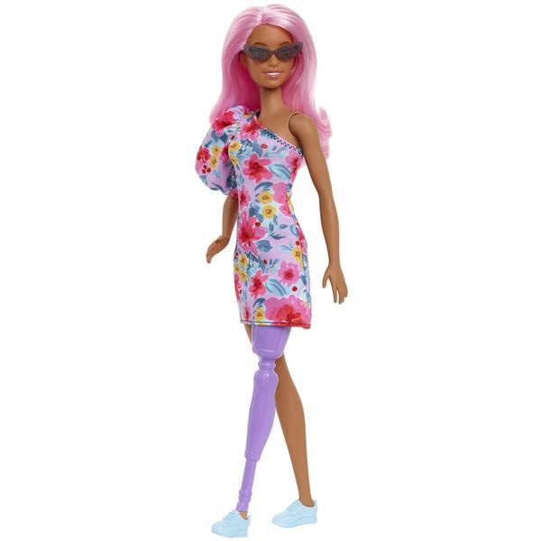 Imagem de Boneca Barbie Fashionistas 189, Cabelo Rosa, Vestido Floral, Óculos de Sol, Perna Prótese, Ténis, Brinquedo 3-8 Anos.