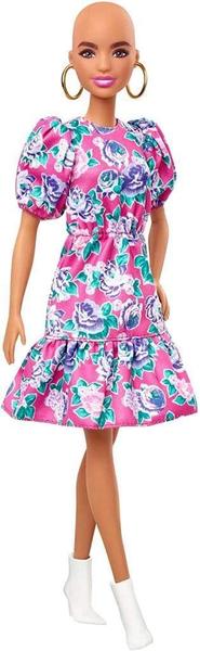 Imagem de Boneca Barbie Fashionistas com look sem cabelo vestindo vestido floral rosa, botas brancas e brincos, brinquedo para crianças de 3 a 8 anos, Multi