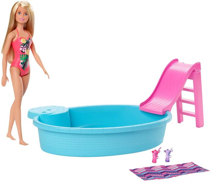 Imagem de Boneca Barbie, Loira de 11,5 Polegadas e Playset de Piscina com Slide and Accessories, Presente para Crianças de 3 a 7 anos