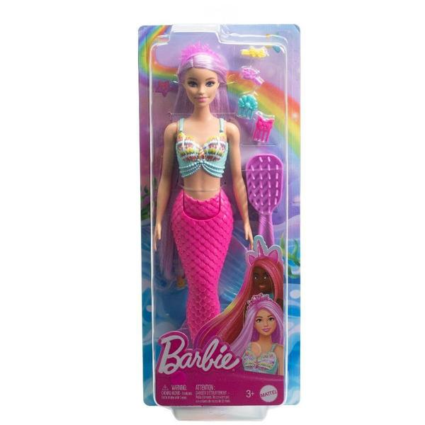 Imagem de Boneca Barbie Mermaid com cabelo rosa Fantasy de 18 cm e acesso.