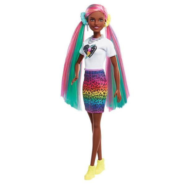 Imagem de Boneca Barbie Negra Leopard Rainbow Hair com 14 pçs GRN80 GRN82 - Mattel
