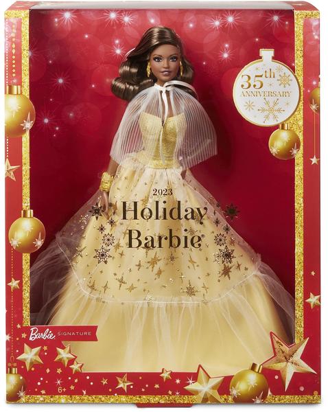 Imagem de Boneca Barbie Signature, Natal de 2023, com vestido dourado e suporte