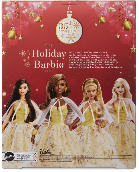 Imagem de Boneca Barbie Signature, Natal de 2023, com vestido dourado e suporte