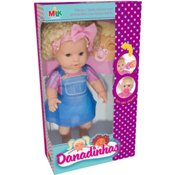 Boneca Bebê Danadinha Cabelo Crespo Loiro + Carrinho e Bolsa - Milk Brinquedo Imagem de Boneca Bebê Danadinha Cabelo Crespo Loiro + Carrinho e Bolsa