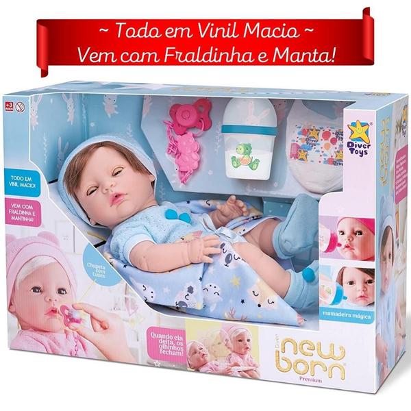 Imagem de Boneca Bebe Diver New Born Menino Premium Mamadeira Mágica