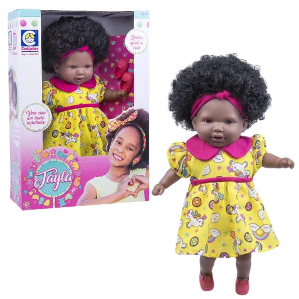 Imagem de Boneca Bebê Feita Em Vinil Negra Tayla Com Cabelo Cacheado Castanho Original Brinquedo Cotiplás