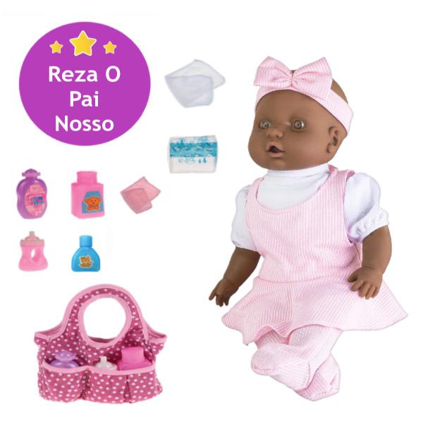 Boneca Bebe Linda Judy Negra Oração + Bolsa com Acessórios - Milk Brinquedo Imagem de Boneca Bebe Linda Judy Negra Oração + Bolsa com Acessórios