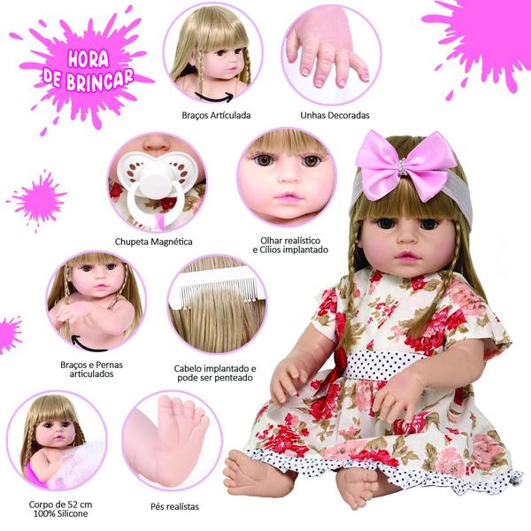 Imagem de Boneca Bebê Reborn de Silicone Grande Fofa Enxoval 13 Itens