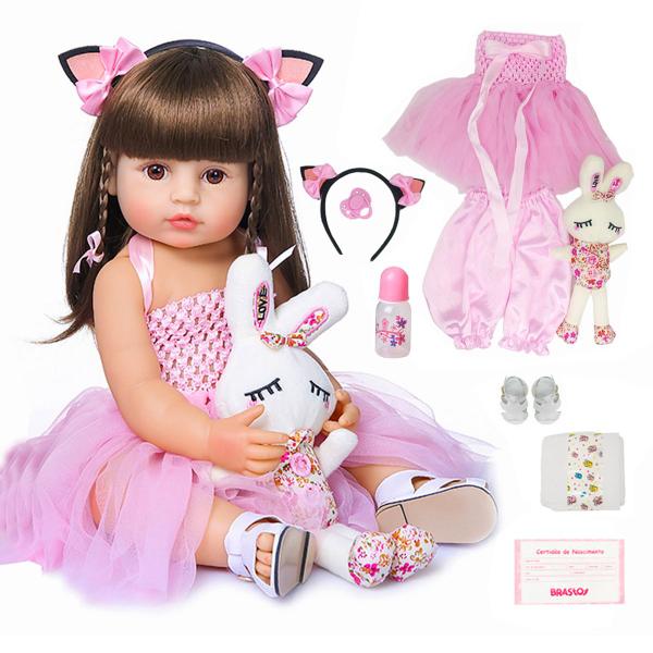 Boneca Bebê Reborn Gatinha Realista Brastoy 100% Silicone Conjunto de Roupa Chupeta Mamade... Boneca Bebê Reborn Gatinha Realista Brastoy 100% Silicone Conjunto de Roupa Chupeta Mamade...