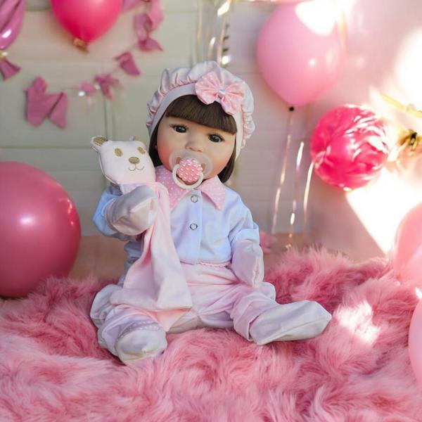 Imagem de Boneca Bebe Reborn Menina Cabelo Castanho Fada Madrinha Luna Poa Rosa