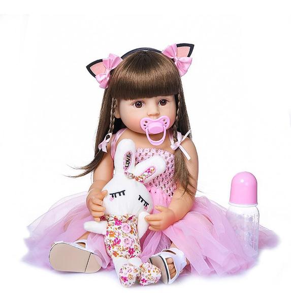 Imagem de Boneca Bebê Reborn Menina Gatinha Realista Brastoy 100% Silicone Pode Dar Banho Conjunto de Roupa Chupeta Mamadeira e Pelúcia