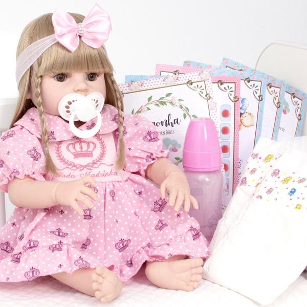 Imagem de Boneca Bebe Reborn Menina Loira Fofa Silicone 52cm Com Itens