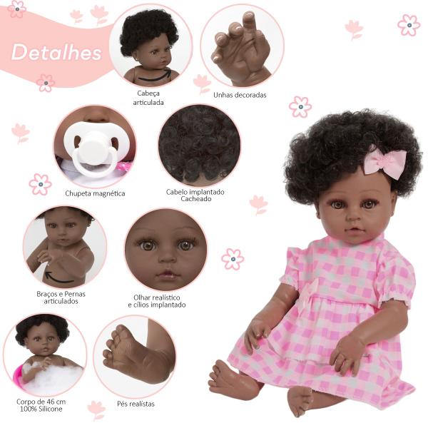 Imagem de Boneca Bebê Reborn Menina Negra Com Lindo Vestido Xadrez