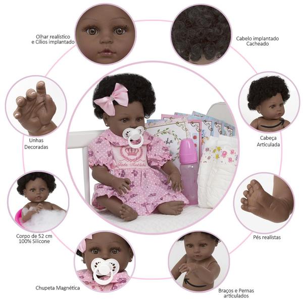 Imagem de Boneca Bebê Reborn Negra Princesa 100% Silicone Com Chupeta