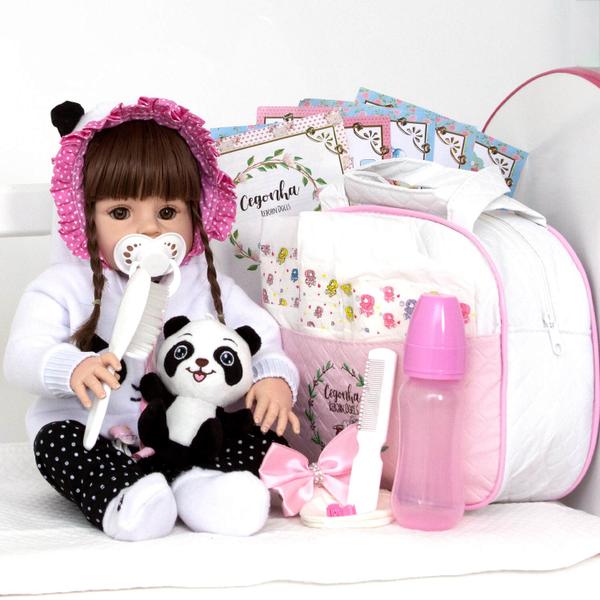 Imagem de Boneca Bebê Reborn Panda Cabelo Longo Itens + Bolsa Enxoval