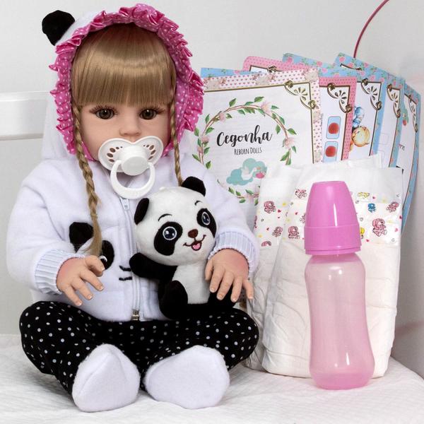 Imagem de Boneca Bebê Reborn Pandinha 100% Silicone Vários Acessórios